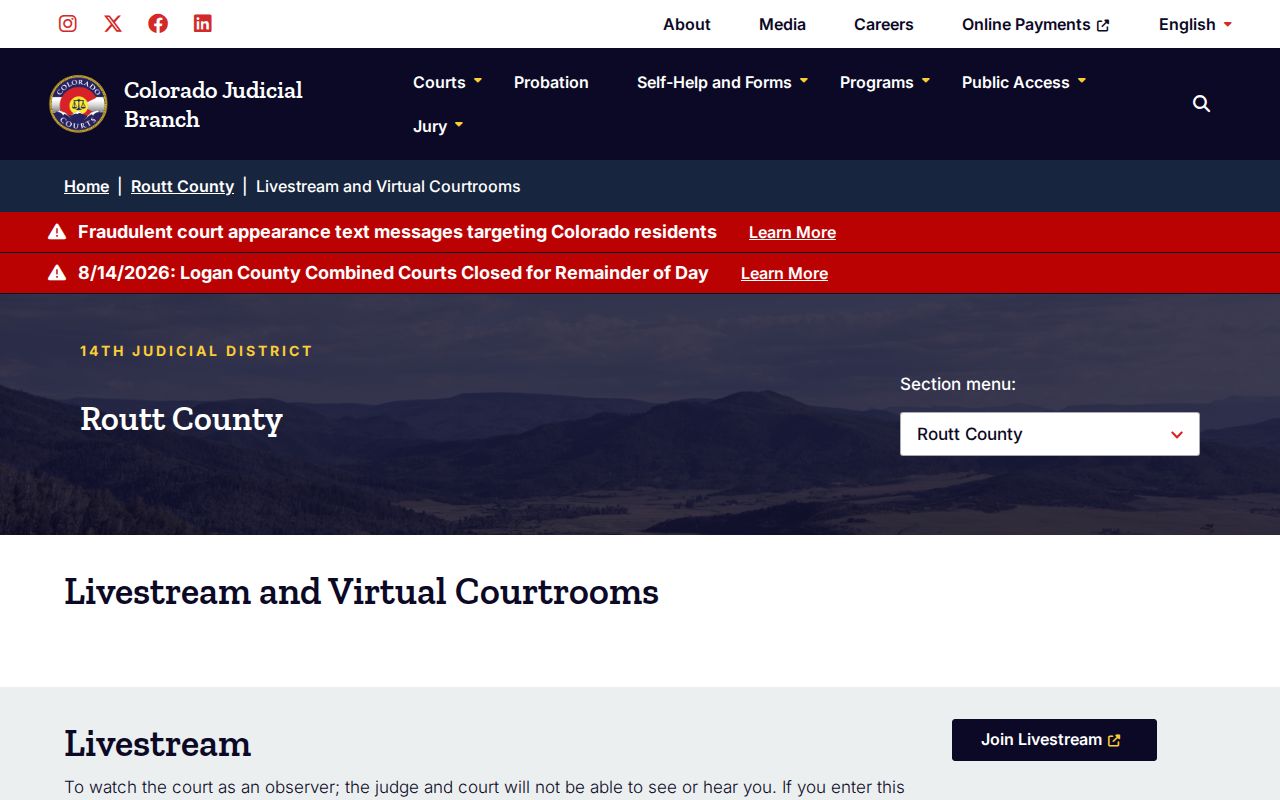 Routt County court schedule virtual courtroom directory