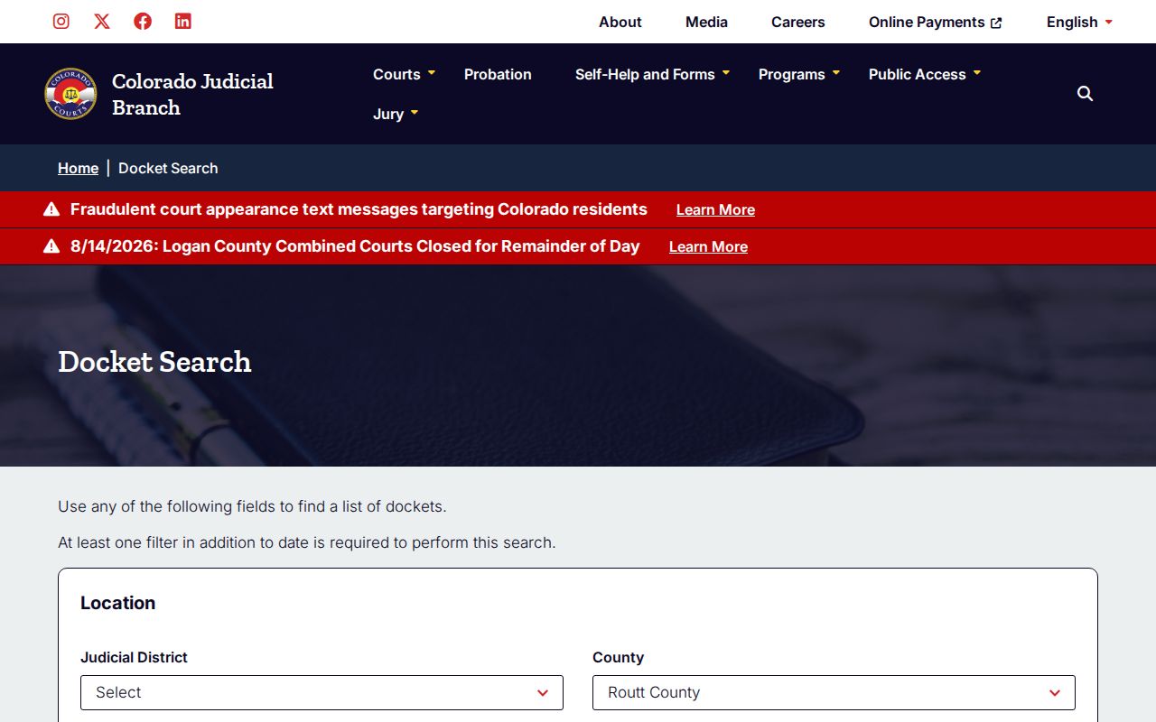 Routt County court schedule search fields