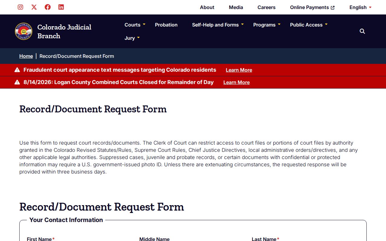 Routt County court case records request form