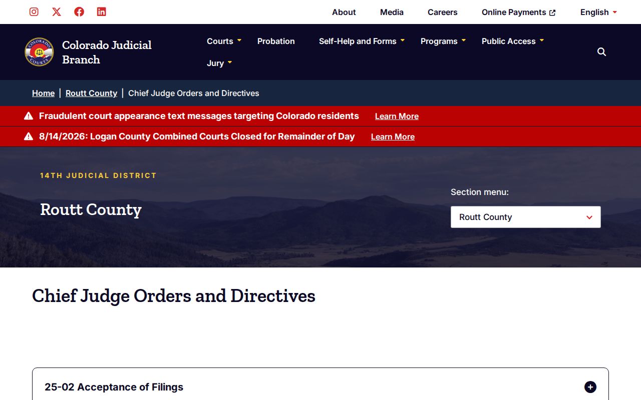 Routt County criminal docket chief judge orders
