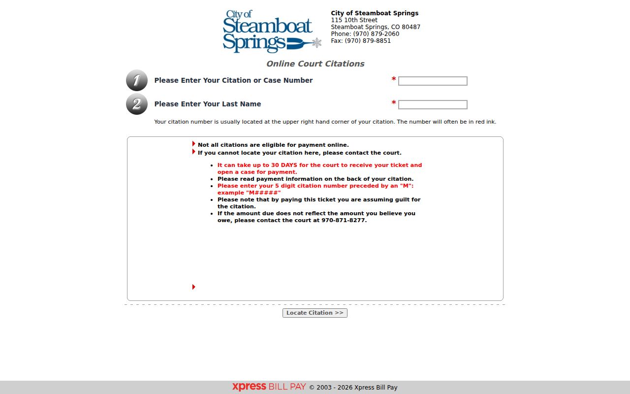 Routt County traffic court Steamboat citation lookup
